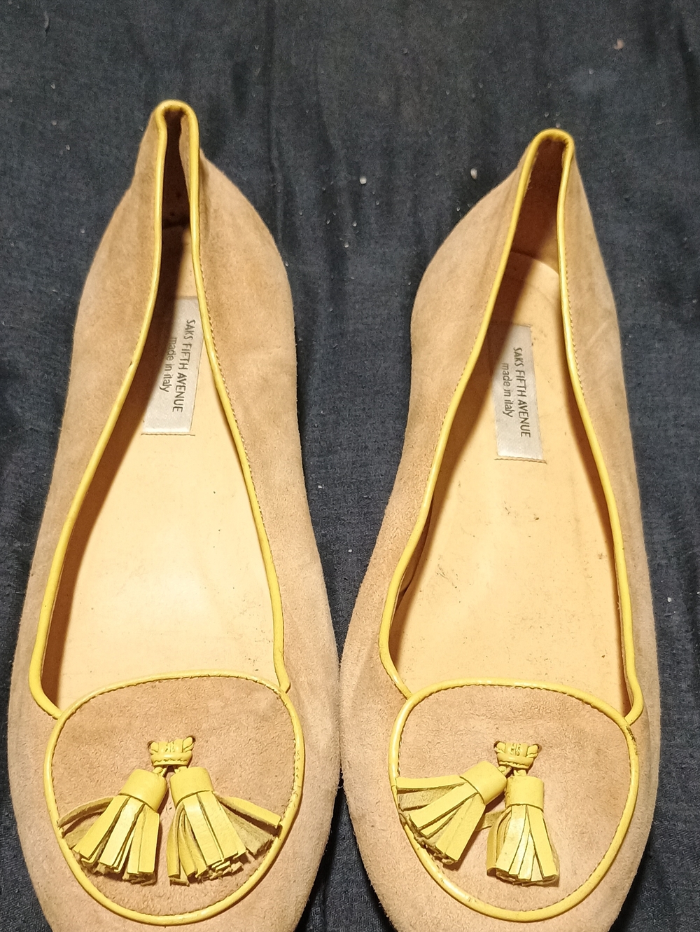 Saks Fifth Avenue Tan Suede Tassel Flats with Yellow Trim (228)